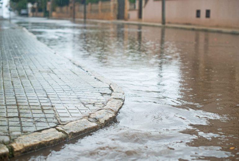 Drops of heavy rain in the city.