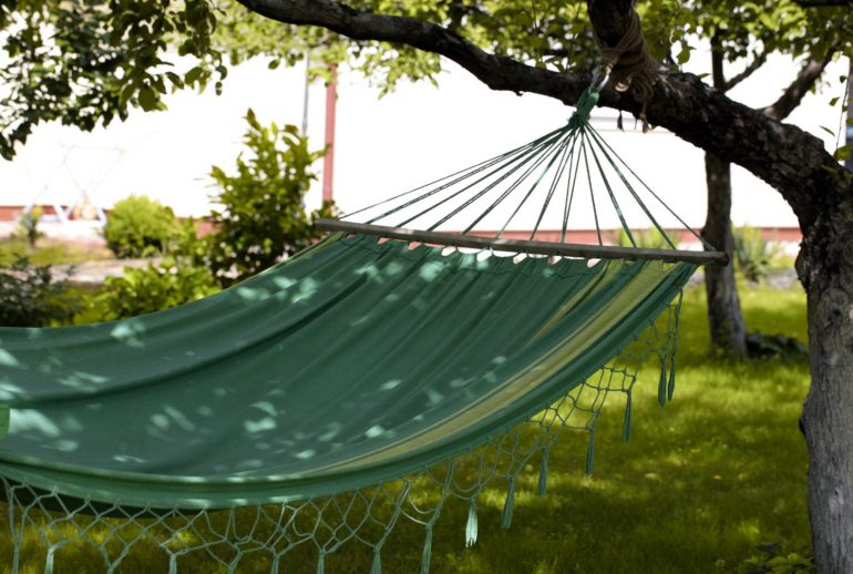 Beautiful landscape with hammock in the summer garden, sunny day, selective focus
