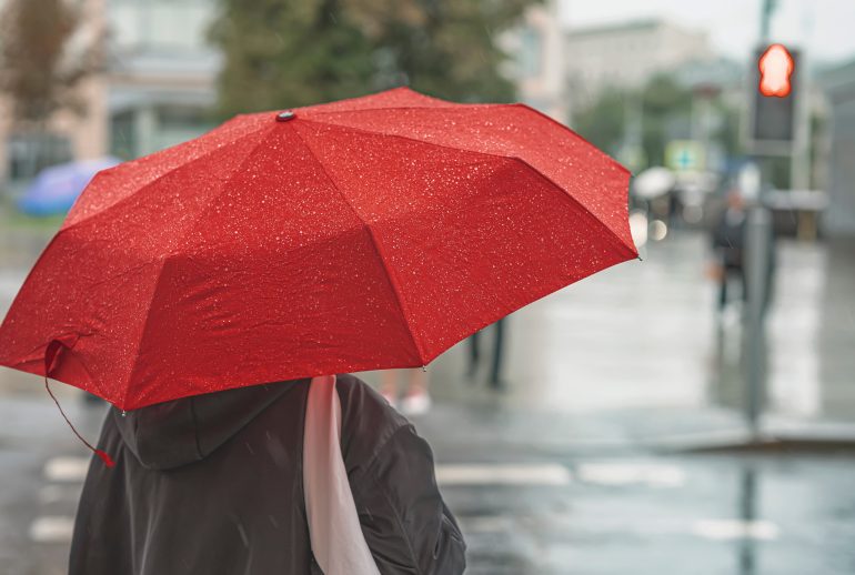 Abstract,Girl,Under,Red,Umbrella,,Modern,City,,Rainy,Evening