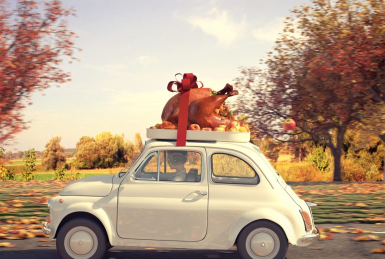 3d,Rendering.,Woman,Driving,With,Big,Turkey,On,Car,Roof.